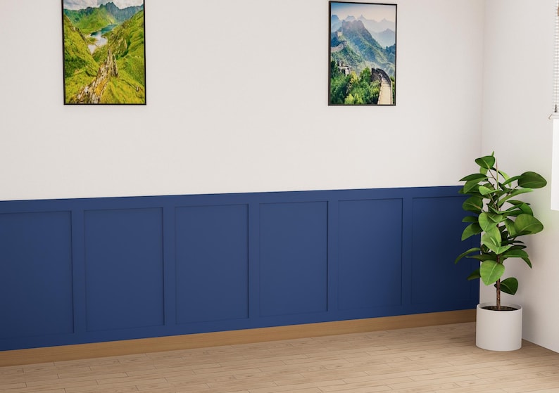May include: A white wall with a blue wainscot and two framed landscape photos. A potted plant sits in the corner of the room.