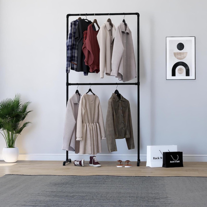 Free-Standing Double Clothing Rack – Heavy-Duty Solid Steel Tube Garment Rail for Home or Retail Display, Custom Sizes Available