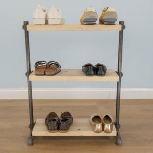 Freestanding 3-Tier Shoe Rack | Wood & Pipe Shoe Organizer | Industrial Entryway Storage | Minimalist Vintage Shoe Stand | Handmade Rack