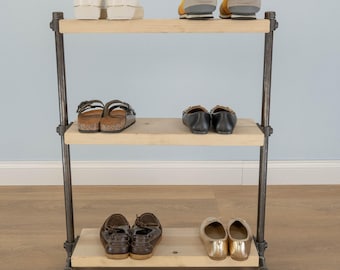 Freestanding 3-Tier Shoe Rack | Wood & Pipe Shoe Organizer | Industrial Entryway Storage | Minimalist Vintage Shoe Stand | Handmade Rack