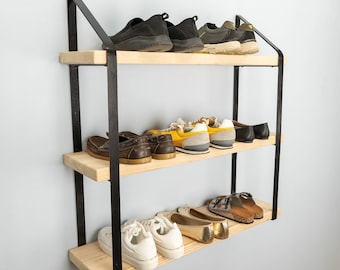 3 Tiered Black Shelf Brackets | Steel and Wooden Shoe Shelves | Shoe Rack - Shoes Organizer - Wall Mounted Shoes Shelving/Rack - Sturdy