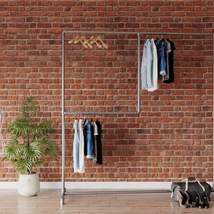 Industrial Clothing Rack with Long & Short Sections | Freestanding Pipe Garment Rail | Double Rail Square + Tall Rail | Heavy Duty Storage