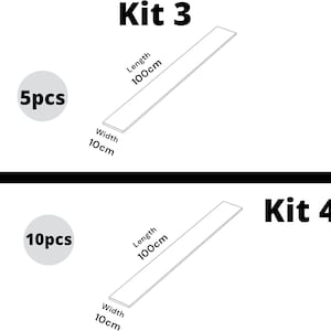 May include: Two diagrams showing different sizes of wood strips for craft projects. The first diagram shows a 100 cm long by 10 cm wide strip labeled "Kit 3" with 5 pieces. The second diagram shows a 100 cm long by 10 cm wide strip labeled "Kit 4" with 10 pieces.