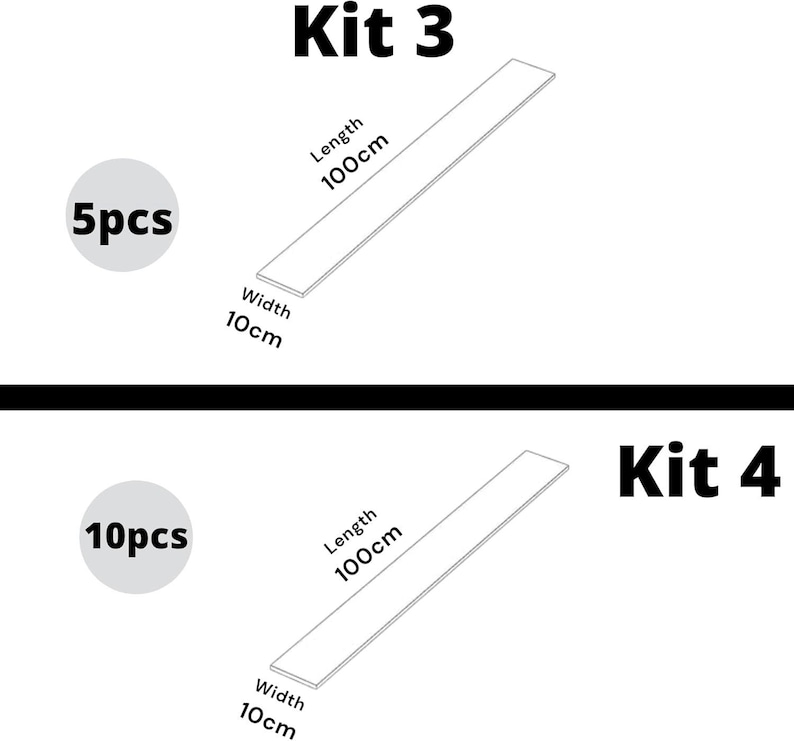 May include: Two diagrams showing different sizes of wood strips for craft projects. The first diagram shows a 100 cm long by 10 cm wide strip labeled "Kit 3" with 5 pieces. The second diagram shows a 100 cm long by 10 cm wide strip labeled "Kit 4" with 10 pieces.