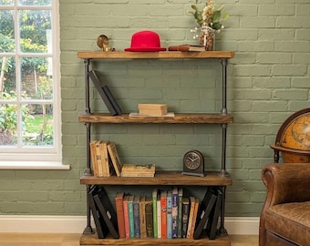 Vintage Industrial Bookshelf | Freestanding Rustic Pipe Shelf Unit | Wooden Open Bookcase | Tiered Display Shelving | Loft & Home Storage