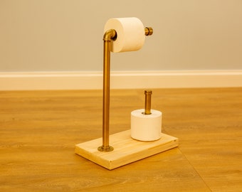 Gold Toilet Paper Stand with Shelf | Rustic Wood & Pipe TP Holder | Freestanding Bathroom Storage | Industrial Floor Roll Dispenser