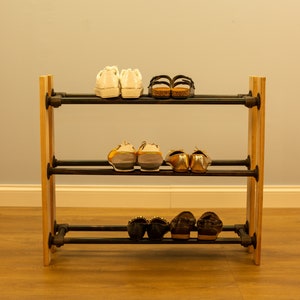 3-Tier Shoe Rack | Wood & Pipe Shoe Organizer | Minimalist Industrial Shoe Storage | Freestanding Entryway Rack | Handmade Vintage Stand