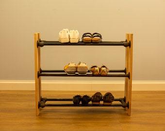 3-Tier Shoe Rack | Wood & Pipe Shoe Organizer | Minimalist Industrial Shoe Storage | Freestanding Entryway Rack | Handmade Vintage Stand