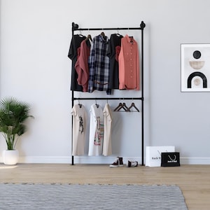 Double Rail Wall Mounted Clothing Rack | Galvanized Industrial Pipe Garment Rail | Heavy Duty Wardrobe Organizer | Retail or Home Use