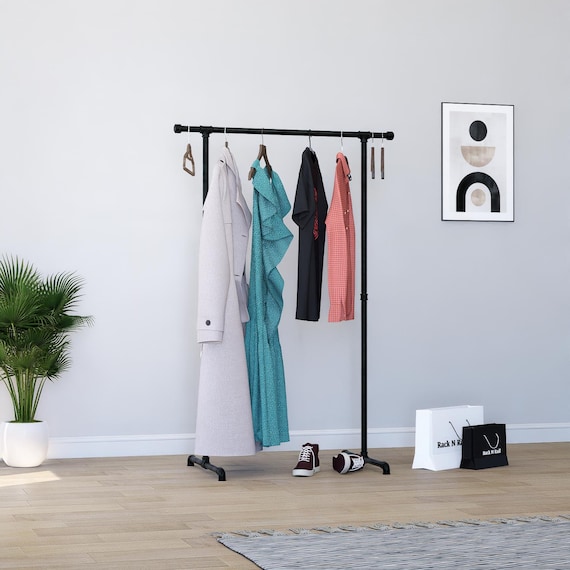 Freestanding Clothing Rack With Side Hooks | Handmade Industrial Pipe Garment Rail | Coat & Clothes Rack | Custom Size | Home or Retail