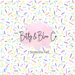 Könnte beinhalten: Ein nahtloses digitales Papiermuster mit weißem Hintergrund und bunten Streuseln. Der Text "Bitty & Blue Co." befindet sich in der Mitte des Bildes. Der Text "1 Seamless File" befindet sich unter dem Firmennamen.
