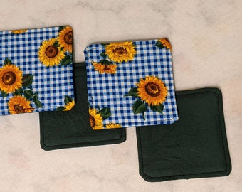 Sunflower Coaster Set, Handmade Fabric Coasters, 100% Cotton, Reversible