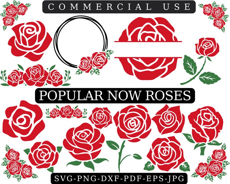 K&ouml;nnte beinhalten: Eine Sammlung roter Rosenillustrationen mit gr&uuml;nen Bl&auml;ttern und Stielen. Das Bild enth&auml;lt verschiedene Rosendesigns, einen kreisf&ouml;rmigen Rahmen und den Text "COMMERCIAL USE" und "POPULAR NOW ROSES". Formate: SVG, PNG, DXF, PDF, EPS und JPG.