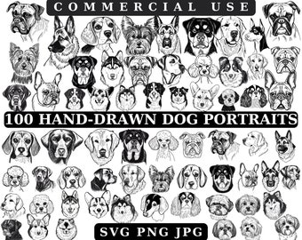 手描きの犬種のクリップアートバンドル：100枚のメガポートレート（SVG、PNG、JPG）
