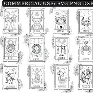 ZODIAC CARDS SVG, Tarot cards Svg, Mystical clipart, Zodiac sign Svg, Constellation zodiac Svg, Celestial svg, Witchy Svg, Vector, Dxf
