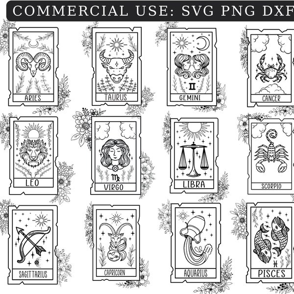 ZODIAC CARDS SVG, Tarot cards Svg, Mystical clipart, Zodiac sign Svg, Constellation zodiac Svg, Celestial svg, Witchy Svg, Vector, Dxf