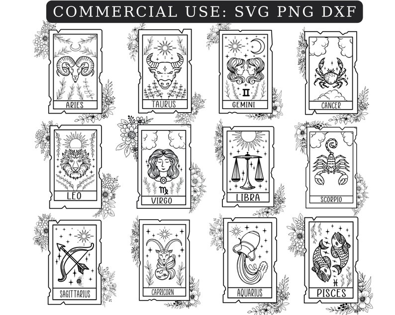 May include: Black and white line art illustrations of the 12 zodiac signs, each within a decorative frame. The signs are Aries, Taurus, Gemini, Cancer, Leo, Virgo, Libra, Scorpio, Sagittarius, Capricorn, Aquarius, and Pisces.