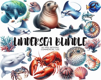 Marine Animals Clip Art Bundle: Underwater Sea PNG Designs (Commercial Use)
