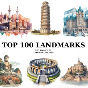 Pacchetto di clipart di città famose dell'acquerello, clipart di monumenti popolari, illustrazioni di città, grafica PNG trasparente, uso commerciale