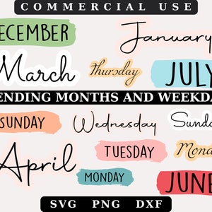 Adesivi digitali del mese e della settimana, GoodNotes, Svg dei giorni della settimana, Svg del mese, adesivi digitali, adesivi stampabili, adesivi dell'agenda, adesivi del diario
