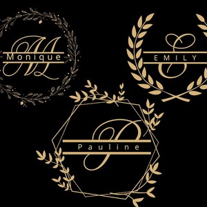 Puede incluir: Tres diseños de monogramas dorados con guirnaldas florales. El primer diseño presenta las letras "M" y "H" con el nombre "Monique" debajo. El segundo diseño presenta la letra "E" con el nombre "Emily" debajo. El tercer diseño presenta la letra "P" con el nombre "Pauline" debajo.