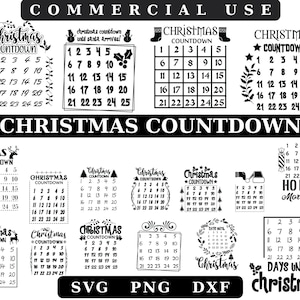 May include: A set of 12 black and white digital Christmas countdown designs. Each design features a different Christmas theme, such as Santa, reindeer, and Christmas trees. The designs are perfect for creating festive crafts, cards, and decorations.