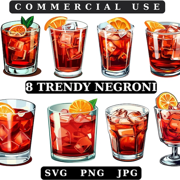 Negroni Clip Art Bundle, Negroni Svg Png, Italy cocktail Summer Watercolor cocktail with orange, Digital art, Instant Download,Menu drinks