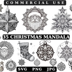 Chrismtas Mandala Svg Bundel, Zentangle Svg, Kerstbal Kerstman Chrismtas Sok Kerstboom Bloem Ornament Mandal Svg, Sticker, WALL Decor