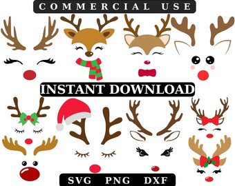 Christmas Reindeer Faces SVG Bundle, Cute Cricut Clip Art (Digital Download)