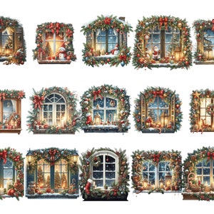Imágenes prediseñadas de ventana de Navidad de acuarela, imágenes prediseñadas de ventana de decoraciones navideñas, imágenes prediseñadas festivas, imágenes prediseñadas de diarios basura de Navidad, decoración de Navidad