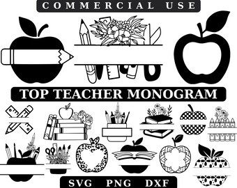 Teacher Monogram SVG Bundle: Apple, Books, Flowers (Digital Download)