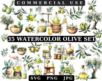 Watercolor Olive Clipart Bundle: Olive Branch PNG, SVG, JPG (Digital Download)
