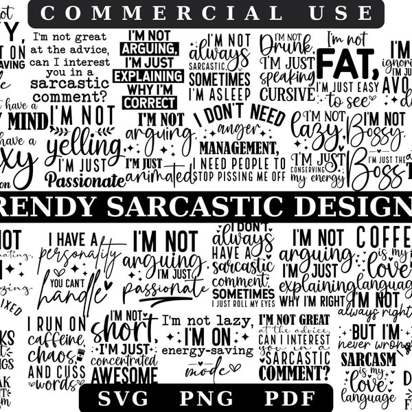 Sarcasm Svg, téléchargements numériques instantanés de citations Witty, Snarky et Clever. Parfait pour créer des t-shirts uniques, des tasses, être audacieux et impertinent