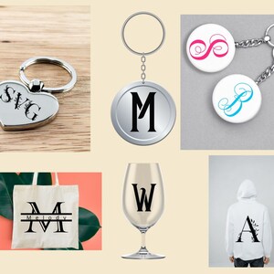 May include: A collection of personalised items featuring various designs and fonts. The items include a heart-shaped keyring with the initials "SVG", a round keyring with the letter "M", two round keyrings with a swirl design, a tote bag with the name "Melody" and the letter "M", a wine glass with the letter "W", and a hoodie with the letter "A" and a floral design.
