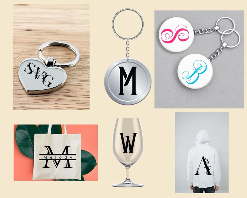 May include: A collection of personalised items featuring various designs and fonts. The items include a heart-shaped keyring with the initials "SVG", a round keyring with the letter "M", two round keyrings with a swirl design, a tote bag with the name "Melody" and the letter "M", a wine glass with the letter "W", and a hoodie with the letter "A" and a floral design.