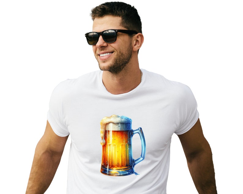 May include: A white t-shirt with a graphic of a glass of beer with a foamy head.