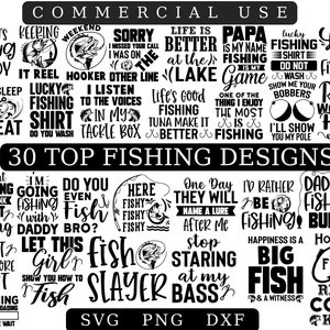 Paquete SVG de pesca definitivo - anzuelo de pescado, citas, archivos de corte de pescador - uso comercial - conjunto SVG de anzuelo de pescado - cotizaciones de pesca, paquete de archivos cortados