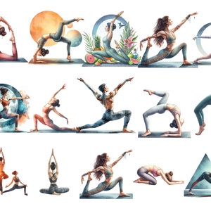 May include: A watercolor illustration of 10 people in various yoga poses. The people are all women, and they are wearing a variety of colorful clothing. The background is a white background with some watercolor elements.