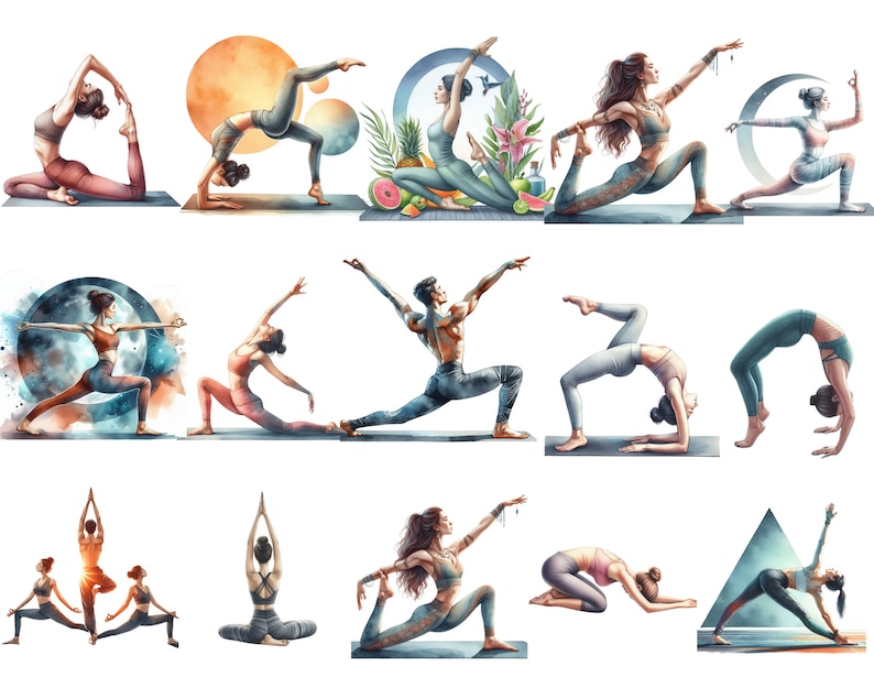May include: A watercolor illustration of 10 people in various yoga poses. The people are all women, and they are wearing a variety of colorful clothing. The background is a white background with some watercolor elements.