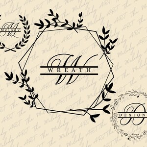 Może przedstawiać: Czarno-biały projekt graficzny z trzema wiankami z napisami "Melody", "Wreath" i "Designs" w środku każdego wianka.