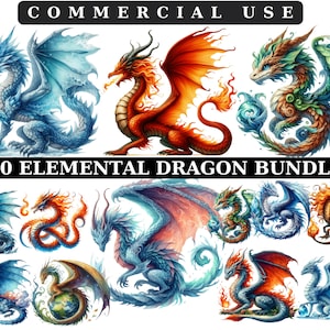 Elemental Dragons Watercolor Clipart, Fantasy Dragons png, Magical Fairytale, Scrapbook, Junk Journal, Paper Crafts Scrapbooking
