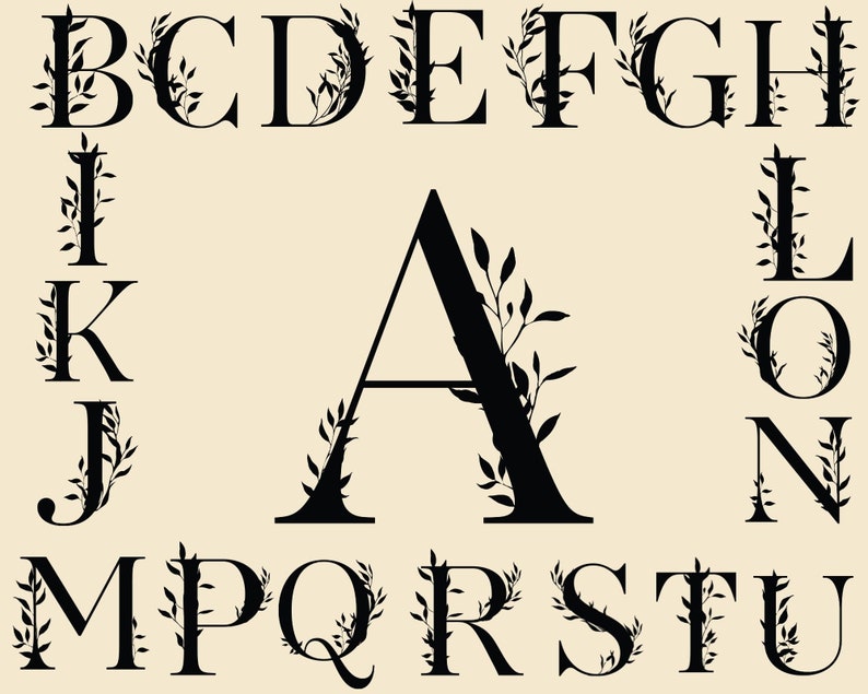 May include: Black and white alphabet letters with floral embellishments. Each letter is decorated with stylised leaves and branches.