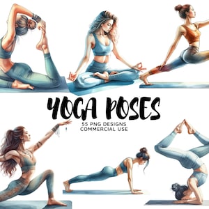 May include: Five women demonstrate different yoga poses on blue mats. The women are wearing colorful athletic wear. The text "Yoga Poses" is written in black with a white outline. The text "55 PNG Designs Commercial Use" is written in black below the title.
