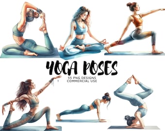 Puede incluir: Cinco mujeres demuestran diferentes posturas de yoga en esteras azules. Las mujeres visten ropa deportiva colorida. El texto "Yoga Poses" está escrito en negro con un contorno blanco. El texto "55 PNG Designs Commercial Use" está escrito en negro debajo del título.