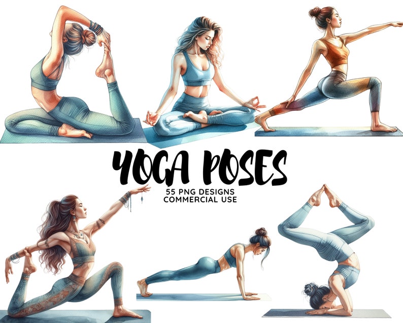 May include: Five women demonstrate different yoga poses on blue mats. The women are wearing colorful athletic wear. The text "Yoga Poses" is written in black with a white outline. The text "55 PNG Designs Commercial Use" is written in black below the title.