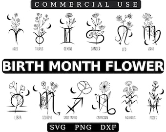 Paquete SVG de flores del zodiaco con mes de nacimiento: Clipart astrológico (descarga digital)
