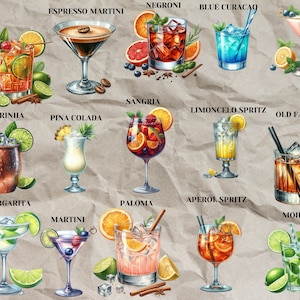 Clipart cocktail, pacchetto clipart cocktail a colori dell'acqua, bevande alcoliche Png, illustrazioni cocktail, Mohito, Aperol, Martini Digital Art Collection