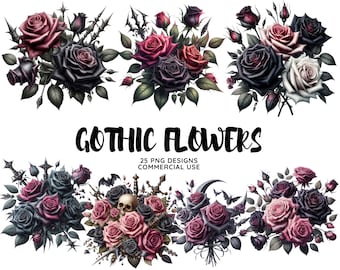 Gothic Roses Clipart PNG: Watercolor Floral Graphics (Digital Download)