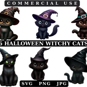 Witchy Cat Clip art, Black Cat Clipart Bundle, Cute Halloween Cat PNG, Black Halloween Cat Designs, Cat in a Witch Hat, Cute Halloween Image