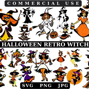 Retro Halloween Witch Clip art PNG Bundle, Trasparente PNG degli anni &#39;50 Zucca PNG Strega Clipart Scrapbook, Diario spazzatura, Artigianato con la carta, Scrapbooking